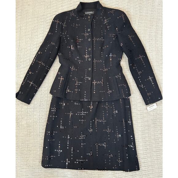 NWT Chanel Black Sequin Blazer Jacket Skirt Suit Set FR 42 US 10 02A MSRP $4340 - Picture 1 of 16